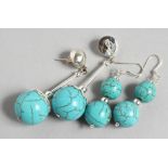 TWO PAIRS OF SILVER AND TURQUOISE EARRINGS. 1.5ins and 1.75ins long.