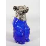 A SUPERB BLUE COLOURED GLASS BEAR CLARET JUG with plated head, glass eyes and plated feet. 9ins