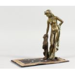 A VIENNA STYLE COLD PAINTED BRONZE OF A LADY AND A LEOPARD STANDING ON A RUG. 7ins high.