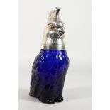 A BLUE GLASS PARAKEET CLARET JUG, with plated head. 10ins high.
