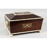 A SUPERB 19TH CENTURY ROSEWOOD AND IVORY BANDED SEWING BOX with leather interior supported on
