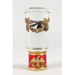 A GOOD RUSSIAN CRYSTAL HANDLE with enamel and gold mounts, with Russian crest. 3.5ins long.