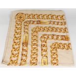 A VINTAGE CHANEL SILK SCARF, GOLD CHAIN.