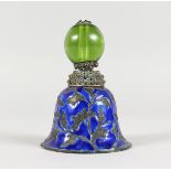 A SMALL WHITE METAL BLUE ENAMEL BELL. 3.5ins high.