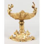 A SMALL GILT BRONZE CENTREPIECE TABLE SALT of classical design with cherub handles. 9ins high.