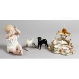 A BISQUE PORCELAIN SEATED BABY, a porcelain inkwell, a Beswick dog and Beswick horse.