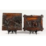 A SUPERB PAIR OF BLACK FOREST CARVED WOOD PICTURES OF ITALIAN SCENES with figures and animals. 15.