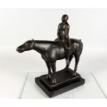 A MINIMALIST STYLE BRONZE GROUP, a naked man on horseback, mounted on a marble base. 14ins long.