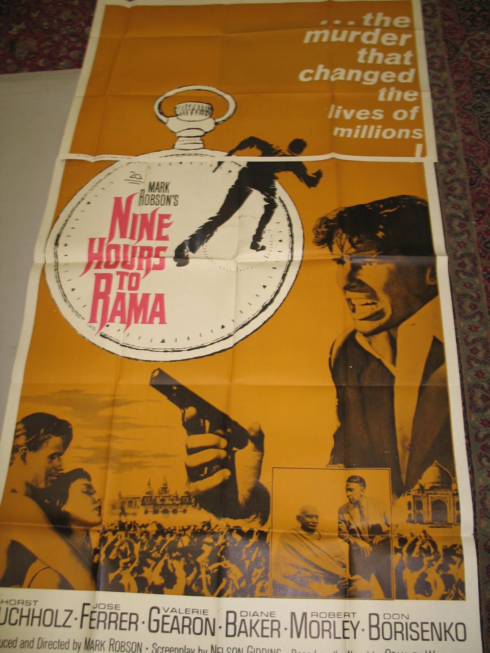 [FILM POSTER] "Nine Hours to Rama", on 2 sheets, overall 78 x 41 inches, folds.