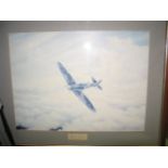 [SPITFIRE] col. print by Colin Walker of a Spitfire, with signature of DOUGLAS BADER, mounted &