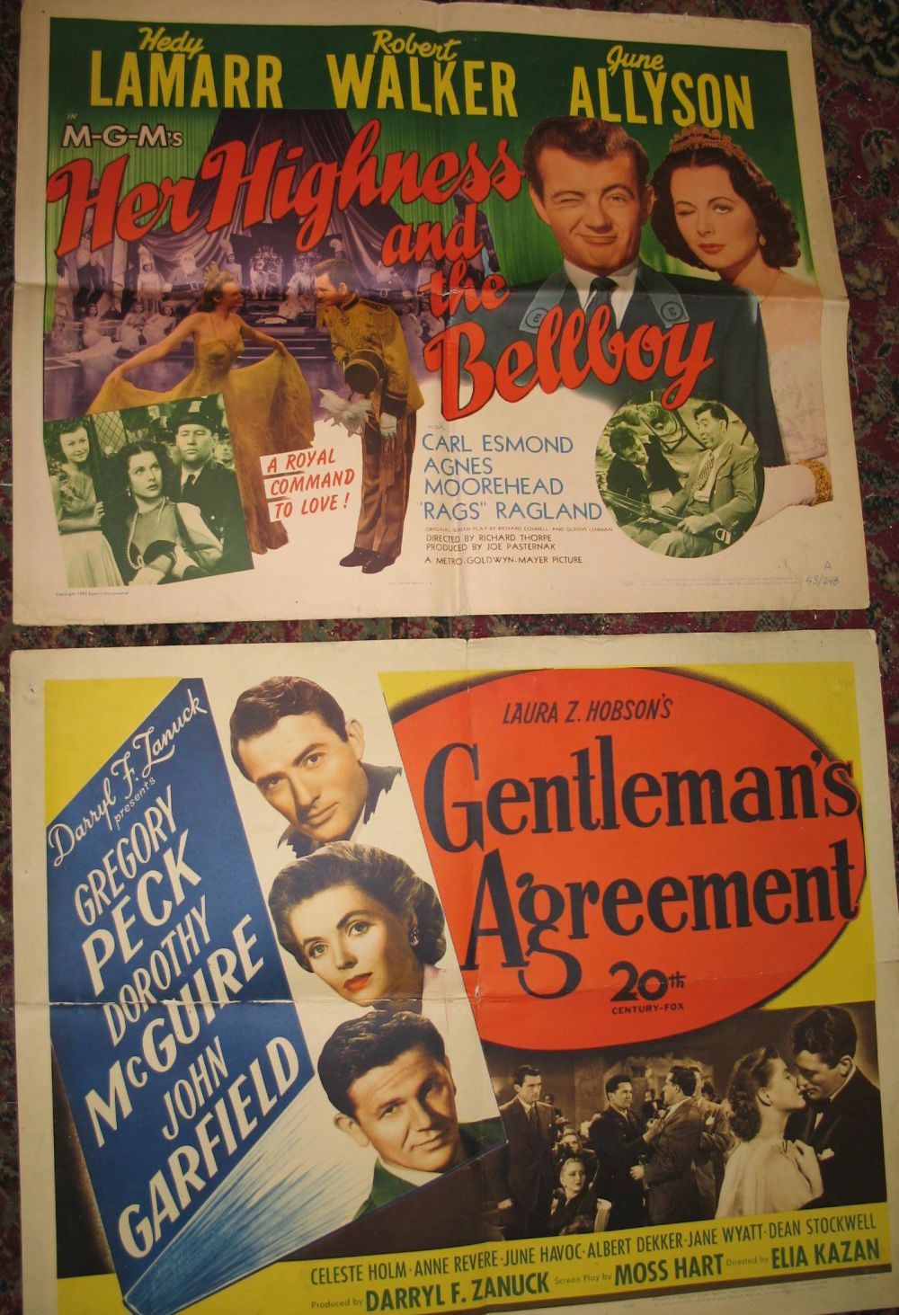 [FILM POSTERS] 2 x half-sheet, "Her Highness and the Bellboy", and, "Gentleman's Agreement",