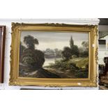 Rural Landscape with a Lake in the Distance in a decorative gilt frame, oil on canvas.