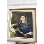 Evelyn Paige "Seated Female Figure Wearing a Blue Jumper" oil on canvas, signed and dated 1976.