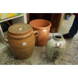 A Denby vase and two bread crocks,