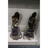 An unusual pair of amethyst and bronze colour female figure groups.