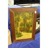 A painted porcelain plaque in an oak frame.