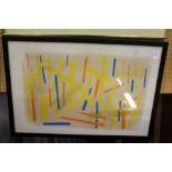 Andrew Southall, an abstract with orange yellow nd blue mixed media.