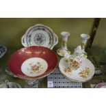 A Minton bowl, a Coalport dish, Limoges candlesticks and other decorative china.