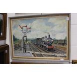 Gibson "Steam Train on a Siding" oil on board, signed.