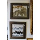 A pair of Chinese Republic style Famille Rose framed painted porcelain panels, depicting landscape