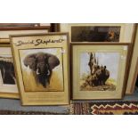 David Shepherd, a colour print of rhinoceroses, pencil signed, together with a colour print of a