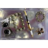 Decorative jewellery to include brooches, ear clips and a tie pin.
