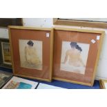 Seated female nudes, colour prints, a pair.