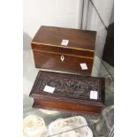 A mahogany tea caddy and a hardwood box.