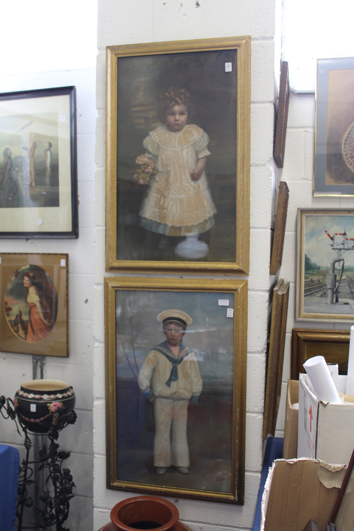 A Young Girl in a Cream Dress and a Young Boy in a Sailor Outfit oil over a photographic base a