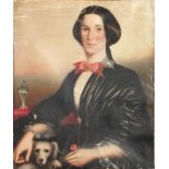 19th Century, Possibly American School. Portrait of a Lady Holding a Flower with a Dog, Oil on