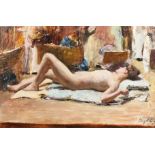 William Henry Hyde (1858-1943) American. Nude Model Lying on an Artist's Studio Floor, Oil on