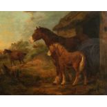 G. Morland, Three Horses by a Stable in a Landscape, Oil on Canvas, Signed and dated 1792, 12" x