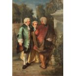 19th Century Continental School. A Scene of Three Figures Conversing in a Garden, Oil on Panel,