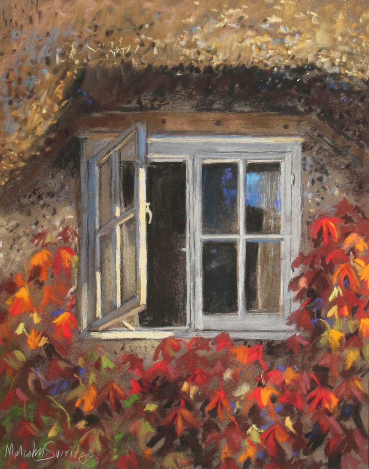 Malcolm Surridge, Surrey Artist. Open Window beneath a Thatched Roof, Pastel, Signed. 16" x 13".