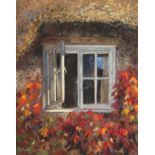 Malcolm Surridge, Surrey Artist. Open Window beneath a Thatched Roof, Pastel, Signed. 16" x 13".