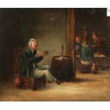 18th Century Dutch School. A Man Smoking a Pipe in a Tavern, Oil on Canvas Laid Down. 12" x 14".