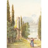 Madeline Barrable. 'Bellagio', Lady and a Child by a Lake, Watercolour, Signed and Inscribed,