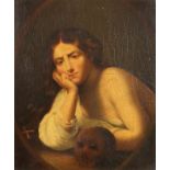 19th Century European School. Portrait of a Lady with a Momento Mori, Oil on Mahogany Panel. 11.5" x