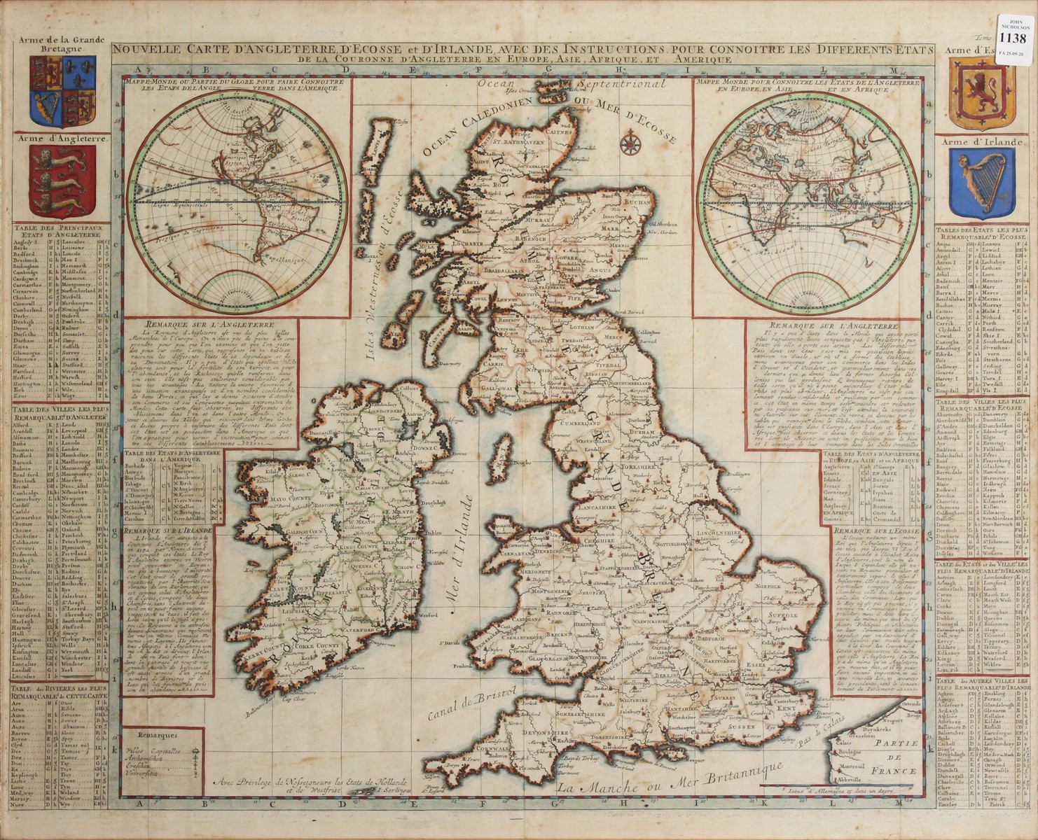 Nouvelle Carte D'Angletere, D'Ecosse, et D'Iralande, Circa 1720, by Henri Abraham. Hand-Coloured,