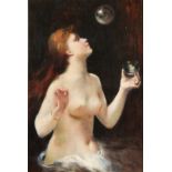 19th Century French School. A Semi-Clad Female blowing Bubbles, Oil on Canvas, Indistinctly