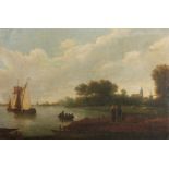 Manner of Jan Van Goyen, Figures and Boats by a Riverbank with a Church and Windmill Beyond, Oil