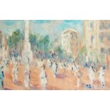 Paul Beauvais. Figures in a busy Continental Street, Oil on Board, Signed. 10" x 16".
