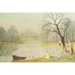 After Henry Bradley. A Park Scene with Figures approaching a Boat, Signed in Pencil, 16" x 22".