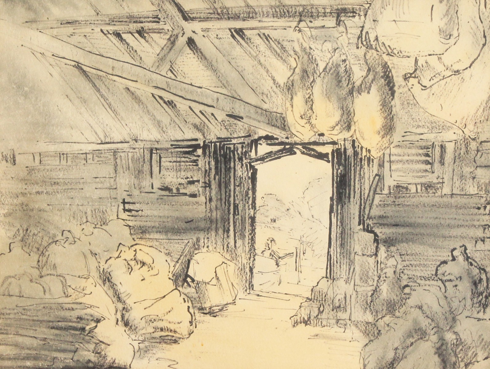 Barbara Doyle. 'Sussex Barn', Scene of a Barn Interior, Ink and Wash. 11" x 14". Provenance: