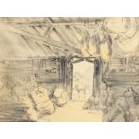 Barbara Doyle. 'Sussex Barn', Scene of a Barn Interior, Ink and Wash. 11" x 14". Provenance:
