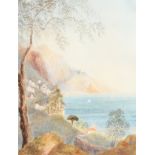 19th Century Italian School. A Coastal Scene with Mountains Beyond, Watercolour. 13" x 10".