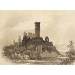 Attributed to William Joy (1803-1865). Castle Ruins on a Lake, Sepia Wash with Pen and Ink. 8.5" x