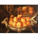 M. Miller (20th Century). A Still Life of Peaches in a Silver Bowl, Oil on Panel, Signed. 12" x