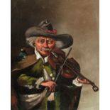 An English School Portrait of a Man Playing a Fiddle, Oil on Canvas. 12" x 10".