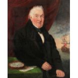 19th Century English School. Portrait of Naval Gentleman with a Compass and Vessel beyond, Oil on